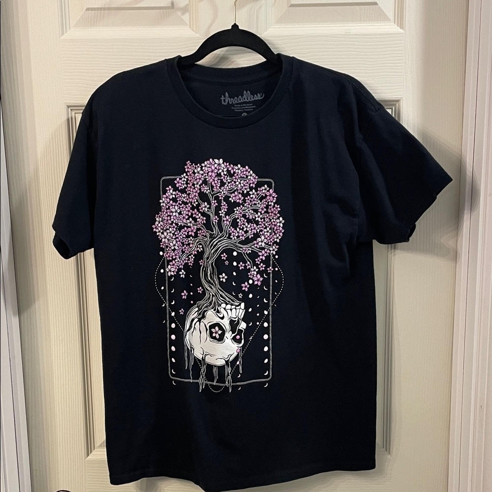 Threadless Black Tee with Pink Blossom Art